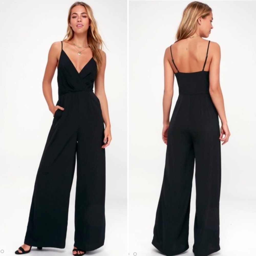 NWT Lulus No Ordinary Love Black Wide-Leg Jumpsuit Size XS Surplice High Waisted